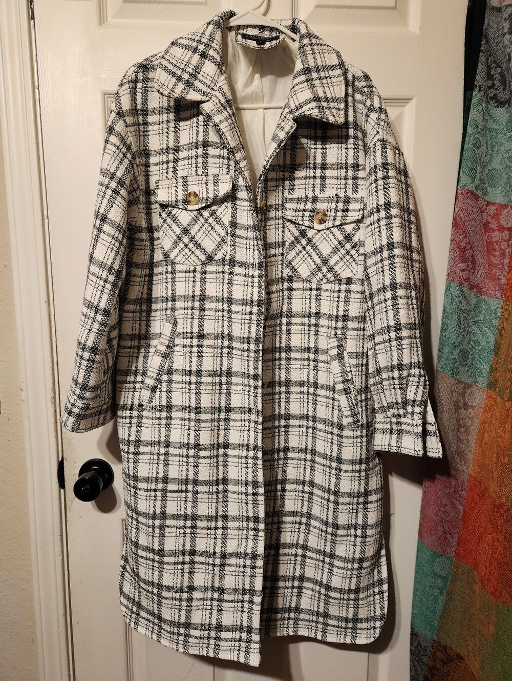 Women's Black & White Plaid Long Coat | Sz L